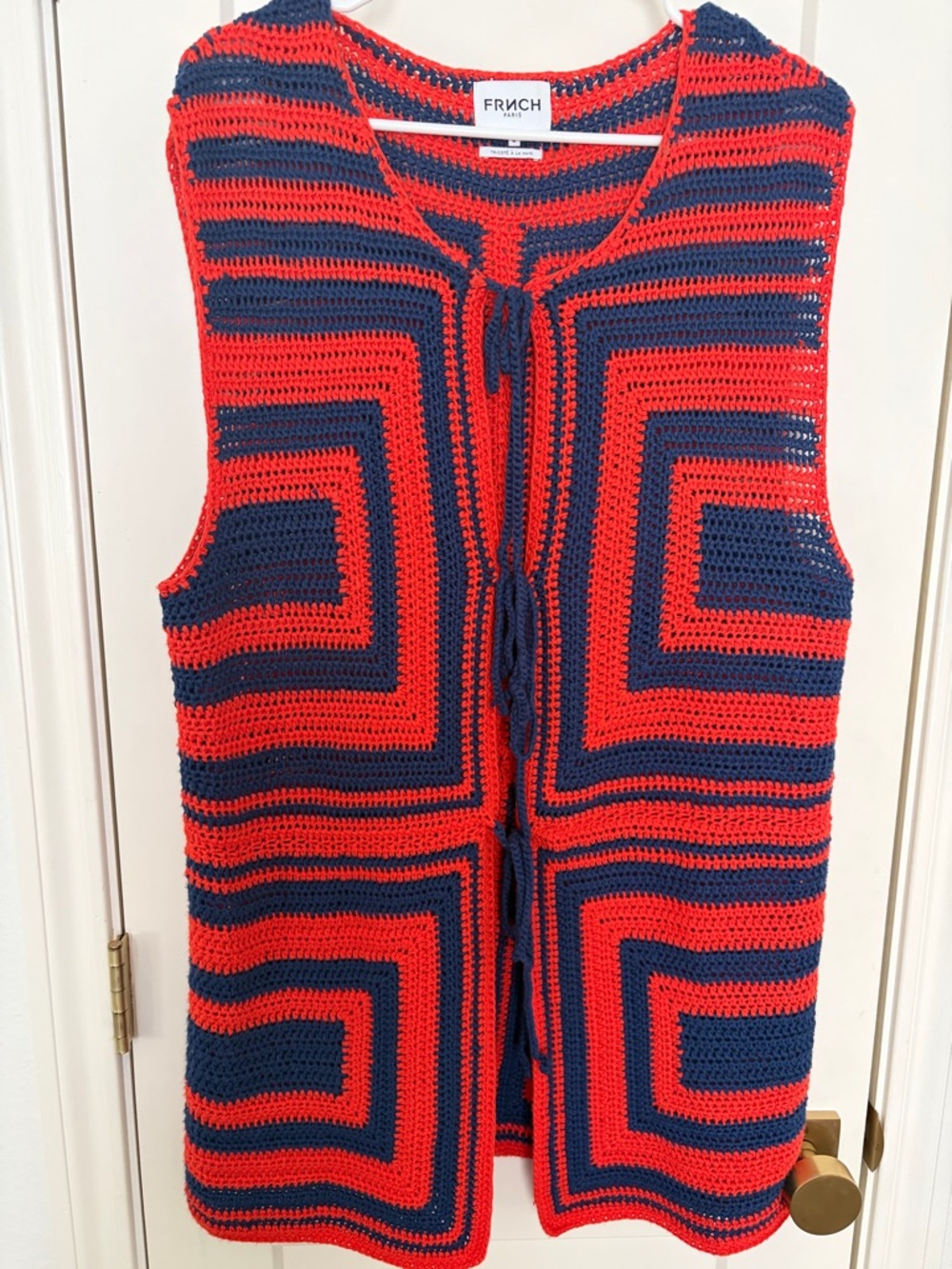 Anthropologie FRNCH Crochet Knitted Top in Red & Navy